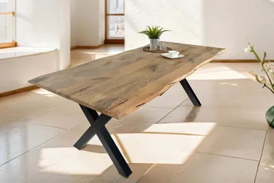 Produktbild von Baumkantentisch Mangoholz Esstisch Vintage-Optik 200 x 100 cm X-Gestell schwarz TIGER