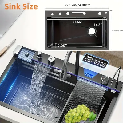 Produktbild von Spülbecken aus Edelstahl, Einzelarmatur – Schwarz – 74,93 x 44,96 cm – Ausziehbare Armatur mit 3 Geschwindigkeitsstufen – Inklusive Schneidebrett