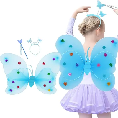 Produktbild von Schmetterlingskostüm Feenkostüm LED Flügel Set für Mädchen mit Haarreif Zauberstab Verkleidung Blau Einheitsgröße