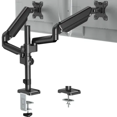 Image de Support d'écran double - Compatible avec les écrans de 13 à 32 pouces - Système à ressort à gaz - Acier - Pour montage sur bureau