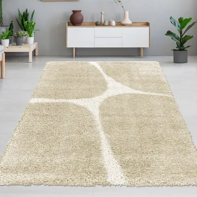 Obrázek produktu pro Moderní koberec s vysokým vlasem, měkký povrch, stylový design s organickými liniemi v krémově béžové barvě velikost - 140 x 200 cm