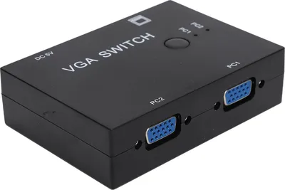 A black VGA switch box with ports and labels.