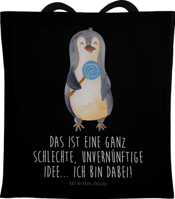 Produktbild von Mr. & Mrs. Panda Tote Bag Pinguin Lolli - Schwarz - Geschenk, Süßigkeiten, Tragetasche, Tasche, Unvernünftig, dokumententasche, Spruch, Pinguine, Laptoptasche, Jutetasche