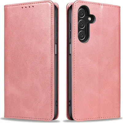 A pink flip cover phone case for a Samsung Galaxy A15 is shown from two angles.