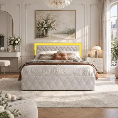 Productafbeelding van INONEFT Hydraulisch verstelbaar bed met kussenbodem, 160x200 cm, met LED-verlichting, eenpersoonsbed met verstelbaar hoofdeinde, bedframe met lattenbodem, fluweel, beige, AI-gegenereerde afbeelding