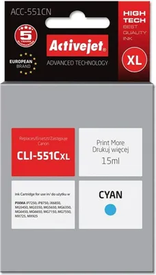 Produktbild von Activejet ACC-551CN Tintenpatrone (Ersatz für Canon CLI-551C; Höchst; 15 ml; cyan)
