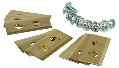 Produktbild von vhbw 9x Ersatz-Messer kompatibel mit PowerPlus POWDPG6010, POWDPGRMS1 Rasenmäher - Ersatzklinge Gold, Stahl (Titanbeschichtung)