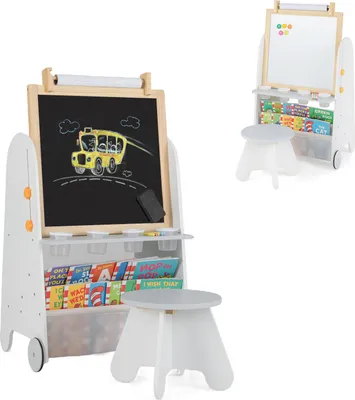 Produktbild von DREAMADE 4-in-1 Staffelei mit Hocker, Höhenverstellbar Standtafel mit Kreidetafel, magnetisches Whiteboard, Tischplatte & Papierrolle, ab 3 Jahren