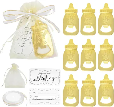 Productafbeelding van Babyfeestflesopener - Set van 12 - Huwelijkscadeau - Mini - Grappig gepersonaliseerde bierset met kleine tas - Babyshower - Reveal - Sleutel - Doop
