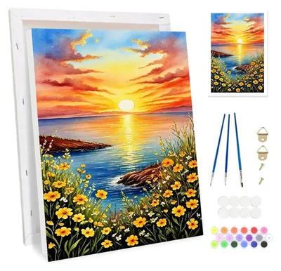 Produktbild von Malen nach Zahlen Set für Erwachsene mit Rahmen, Blumen bei Sonnenuntergang, Leinwand Kit, DIY Gemälde, 20x30cm