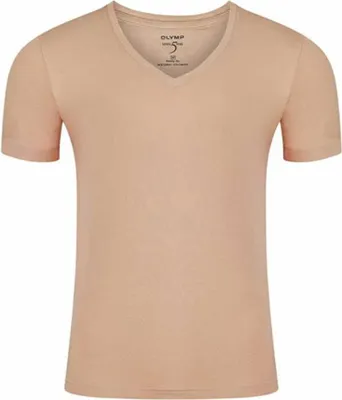 A plain beige V-neck t-shirt is shown against a white background.