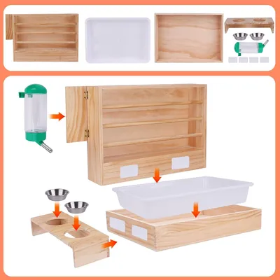 Produktbild von 4 in 1 Heu-Futterstation mit Katzenklo, Wasserflasche und Futternäpfen für Haustiere - Holz-Heuraufe für kleine Haustiere wie Kaninchen, Hamster und Meerschweinchen