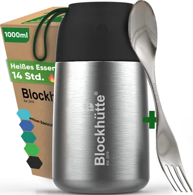 Produktbild von Blockhütte Thermobehälter für Essen 1000 ml Schwarz | Edelstahl Warmhaltebehälter Auslaufsicher, Thermo Essensbehälter mit Göffel, 14h Heiß, Suppen