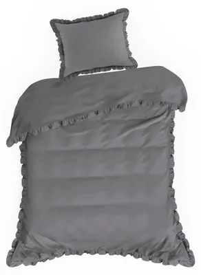 Obrázok produktu pre Sada posteľnej bielizne Eurofirany Bettgarnitur, vrátane obliečky na vankúš a prikrývky, vyrobená z bavlny, rozmer 140x200 cm, tmavosivá, s volánmi