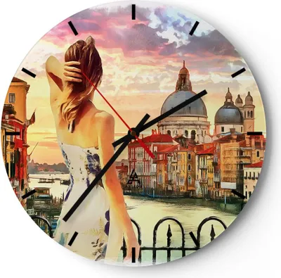 Produktbild von Wanduhr - Rund - Glasuhr - Venedig Brücke Wasser - 30x30cm - Schleichendes Uhrwerk - Lautlos - zum Aufhängen bereit - Dekoration Modern - Wanddekoration aus Glas - C3AR30x30-3495
