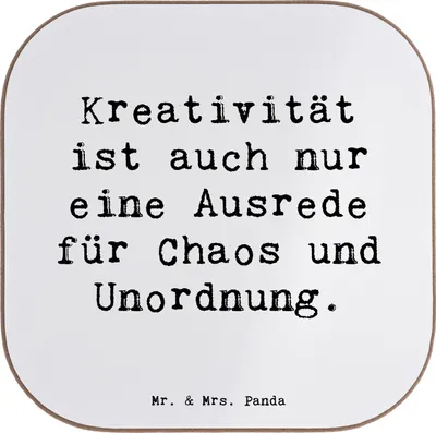 Produktbild von Mr. & Mrs. Panda Untersetzer für Gläser Spruch Kreativität und Chaos - Weiß - Geschenk, Humor, gläseruntersetzer, Gefühl, Tischschoner, Glas, kreative Sprüche, Zitat