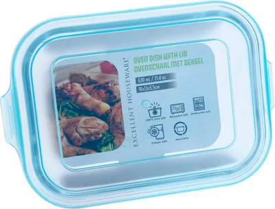 A clear, top-down view of a rectangular glass food container with a blue plastic lid, set against a white background. The lid features a label with product information and icons.