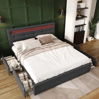Produktbild von okwish Doppelbett Polsterbett Bettgestell mit LED-Beleuchtung und 4 Schubladen, 140x200cm, Höhenverstellbarem Kopfteil, Lattenrost aus Holz, Grau (Ohne Matratze)
