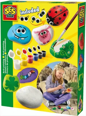 Produktbild von SES Bastelset für Kinder, Steine bemalen, inkl. Steine, Malfarben, Pinsel & 7 Wackelaugen, Mehrfarbig, fördert Kreativität & Feinmotorik, 150x40x200mm (BxTxH)