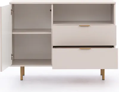 A kommode with one door open and two drawers partially open, showing the interior shelves and drawers.