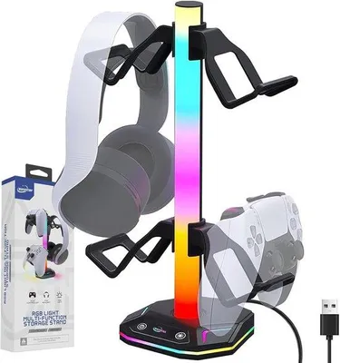 Produktbild von RGB-Kopfhörerhalterung, Gaming-Kopfhörerstandfuß mit 10 Beleuchtungsmodi, USB-Typ-C-Ladeanschluss, geeignet für alle Kopfhörer und Gamecontroller