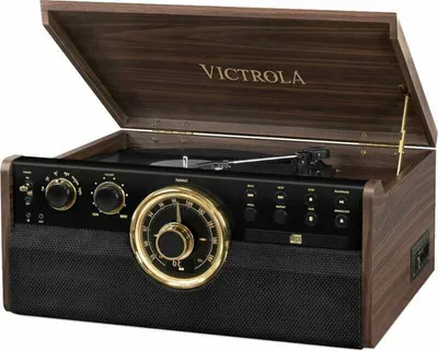 A retro-style record player with a wooden casing and a black front panel, shown with its lid open.