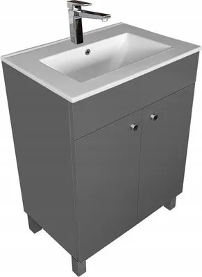 A grey bathroom vanity with a white sink and chrome faucet, shown against a white background.