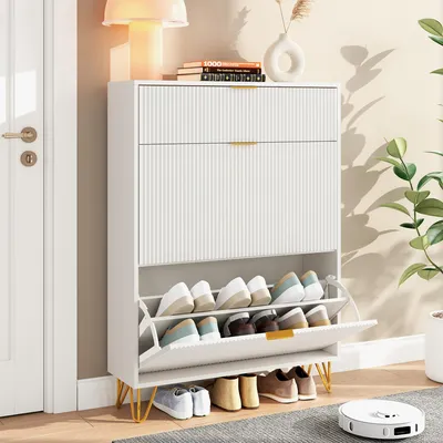 Obrázek produktu pro Skříňka na boty se dvěma dvířky, úložné přihrádky, zaoblený design, voděodolný povrch, kovové nohy, 80 x 24 x 118,5 cm, bílá barva
