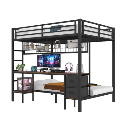 Produktbild von Etagenbett mit Schreibtisch und LED-Beleuchtung (90x200cm/140x200cm), Metallbett mit Rausfallschutz, Jugendbett
