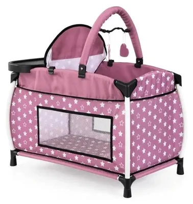 Produktbild von Bayer Design 62876AA Puppenbett mit integriertem Hochstuhl, Esstablett, Mobile, Bettdecke, Kissen, modern, für Puppen bis 46 cm