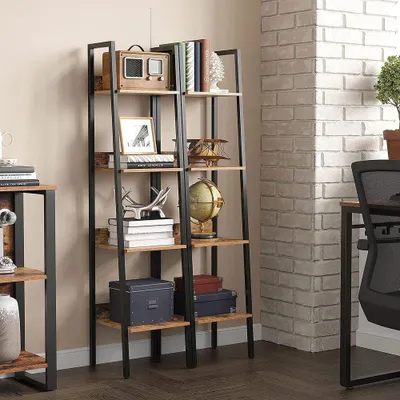 Produktbild von Bücherregal, Leiterregal mit 4 Ebenen, Spanplatte/Stahl, Vintage-Braun-Schwarz, 33,8 x 30 x 140 cm