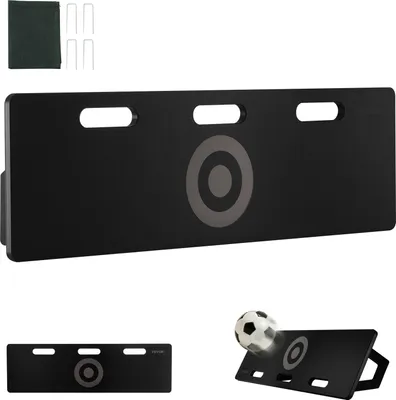 A black soccer rebounder board with target circles, shown from different angles, along with accessories.
