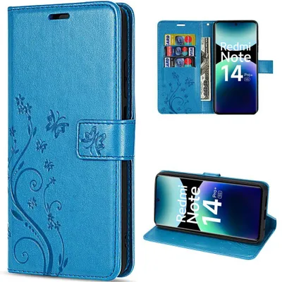 Image de Coque pour Xiaomi Redmi Note 14 Pro Plus 5G, Protection 360 Effet Cuir Bleu Motif Plante Papillon