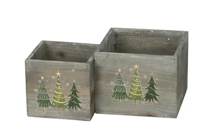 Produktbild von Holz Blumentopf Set/2 Tanne Übertopf grau-grün Ø13+16cm H12+13cm Dekoratives Pflanzen Festliche Deko
