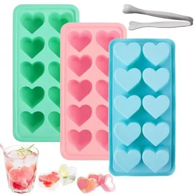 Produktbild von 3er-Set Herzförmige Eiswürfelformen - Silikonformen für Eis am Stiel, Schokolade und Pudding - Rosa, Grün und Blau
