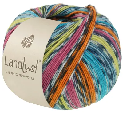 Produktbild von Lana Grossa - Landlust die Sockenwolle 0825 orange pink pistazie türkis petrolblau rohweiß dunkelgrau gestreift