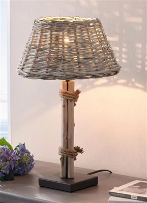 Produktbild von Tischlampe "Treibholz" mit Schirm aus Weide, grau, 47 cm hoch, Tischleuchte, Nachttischlampe