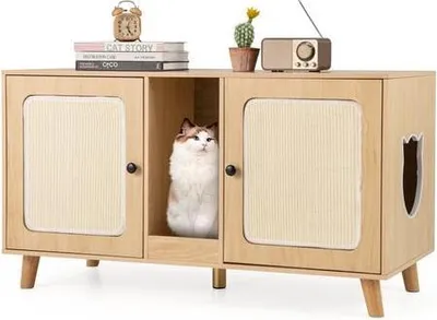 Produktbild von GOPLUS 2 in 1 Katzenschrank für Katzentoilette, Katzenklo Schrank mit 2 Türen, 2 Kratzbrettern & Kratzmatte aus Sisal, Natur