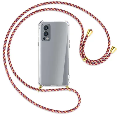 Produktbild von Handykette Backcover-Schutzhülle mit Band (Metall goldfarben) für OnePlus Nord 2 5G - weinrot/gelb/grau