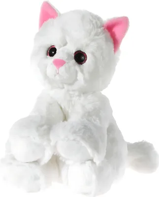 A white plush cat toy with pink ears and nose sits facing the viewer against a white background.