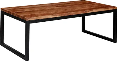 Couchtisch 110x40x60cm Sheesham in Gesamtansicht mit Holzplatte und schwarzem Metallgestell im Industrial Style.