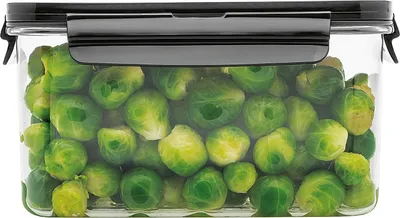 A clear, well-lit studio shot of a transparent food storage container filled with fresh Brussels sprouts.