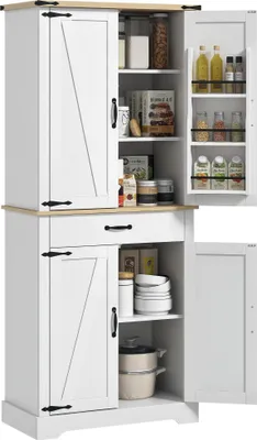 Image de Armoire de cuisine buffet cuisine, 4 portes, 6 šŠtagššres š€ porte,1 tiroir et šŠtagššres ršŠglables 76,5 x 40 x 181 cm blanc