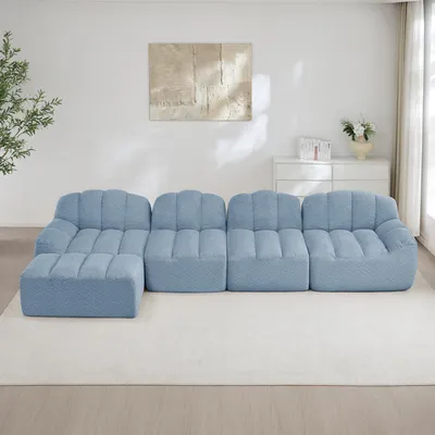 Obrázek produktu pro MODFU Modulní pohovka pro 4 osoby, rohová pohovka pro 2 osoby bez rámu, velká pohovka s nastavitelnými sedacími polštáři a 1 podnožkou, rozkládací pohovka s elegantním tvarem, potažená flísem, barva: modrá