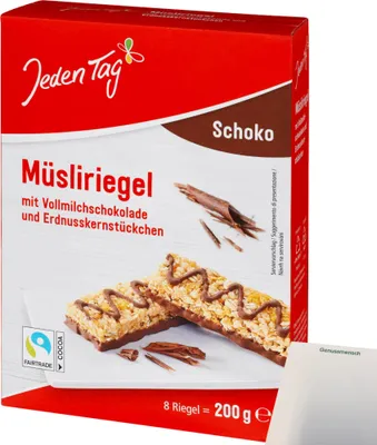 Produktbild von Jeden Tag Müsliriegel Schoko (200g Packung) + usy Block