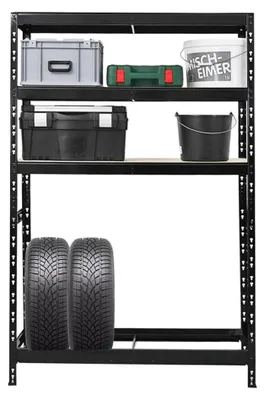 Produktbild von Reifenregal TIGER mit Fachböden | HxBxT 180x120x40cm | bis zu 6 Reifen auf 1 Ebene + 3 Ablagen | Schwarz