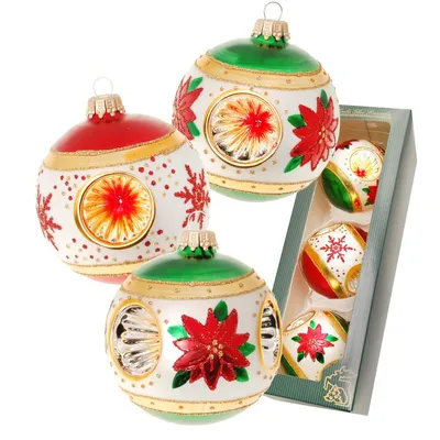 Produktbild von Krebs Glas Lauscha Weihnachtsbaumkugeln 3er Set - 3-fach Reflexkugeln in Grün/Rot - aus Glas - ca. 8cm