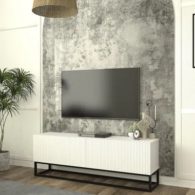 Produktbild von TV-Lowboard 'Verpsboga' mit 2 Klapptüren langes Gestell 135 x 32 x 47 cm Weiß
