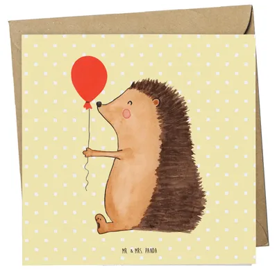 Produktbild von Mr. & Mrs. Panda Grußkarte Igel Luftballon - Gelb Pastell - Geschenk, Glückwunsch, Glückwunschkarte, Geburtstag, Happy Birthday, Gute Laune, doppelkarte, Klappkarte