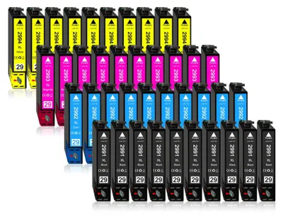 A collection of printer ink cartridges arranged in rows.